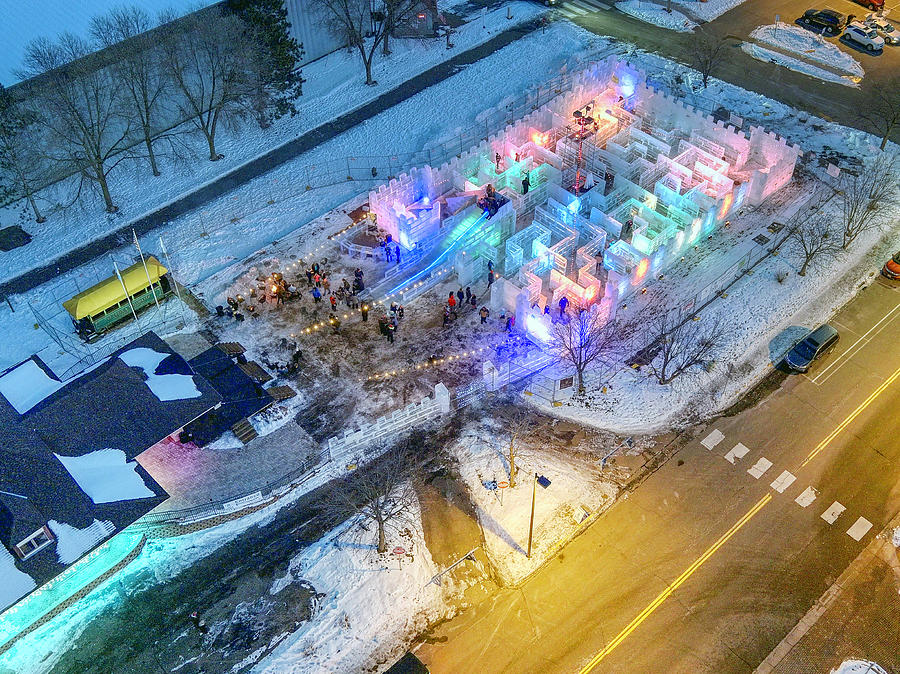 Aerial view Wintertime in Stillwater Minnesota Zephyer Theatre Ice