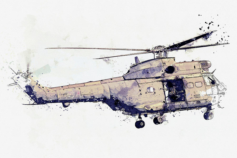 Aerospatiale S Puma Hc Raf Helicopter Xw War Planes In Watercolor Ca By Ahmet Asar Painting