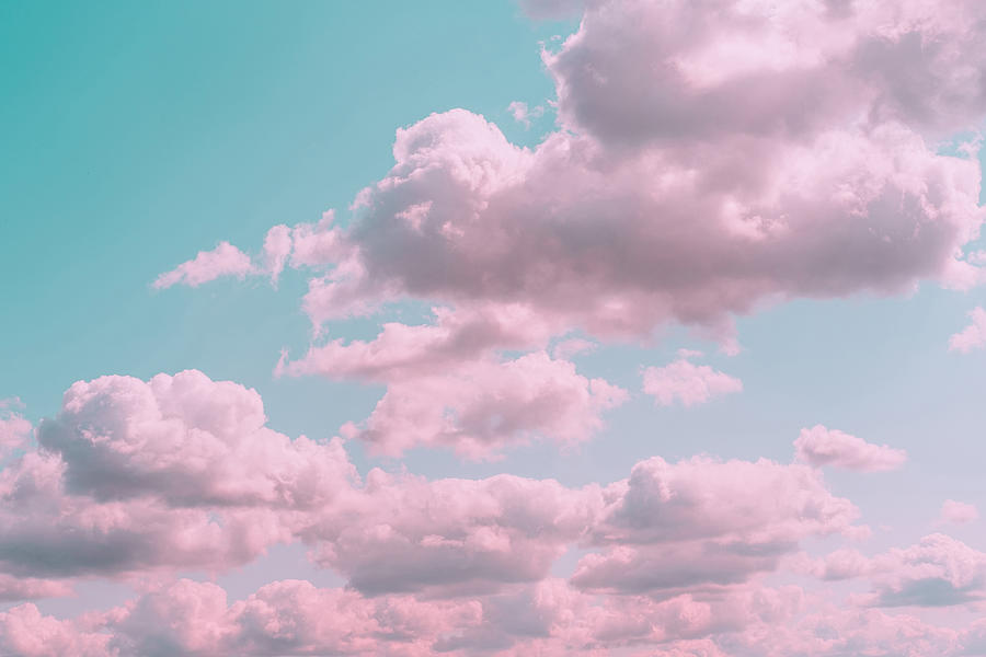 Aesthetic background with beautiful turquoise sky with pink clouds and ...