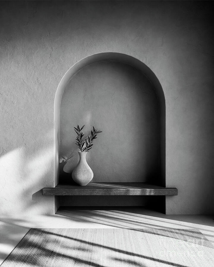 Aesthetic home villa interior with vase and olive branch. Black and white architecture. Photograph by Jelena Jovanovic Aesthetic home villa interior with vase and olive branch. Black and white architecture. Photograph by Jelena Jovanovic