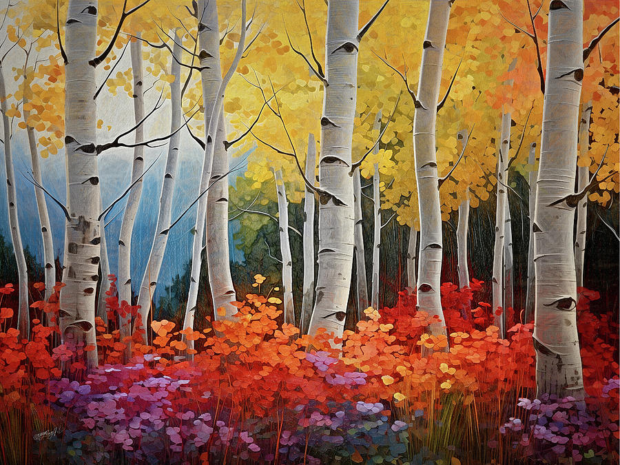 Aesthetic Reflections Abstract Aspen Birch Trees in the Rocky Mountains Digital Art by Lena Owens - OLena Art Vibrant Palette Knife and Graphic Design