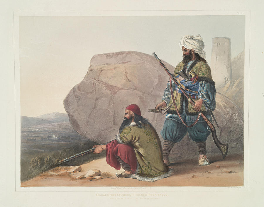 Afghaun foot soldiers in their winter dress by Rattray, James, 1818-1854 Painting by Artistic Rifki