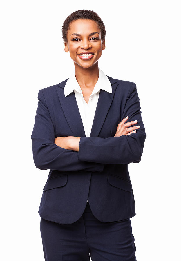 African American Businesswoman With Hands Folded - Isolated Photograph by Londoneye