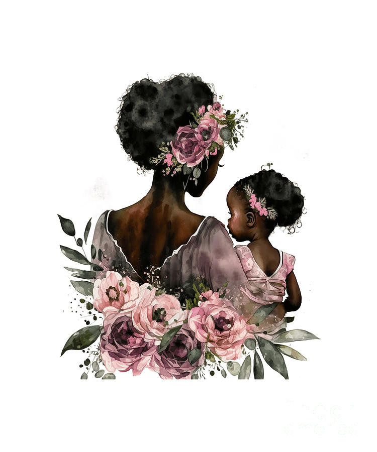 African American Mother Daughter Floral Watercolor Digital Art by Heidi ...