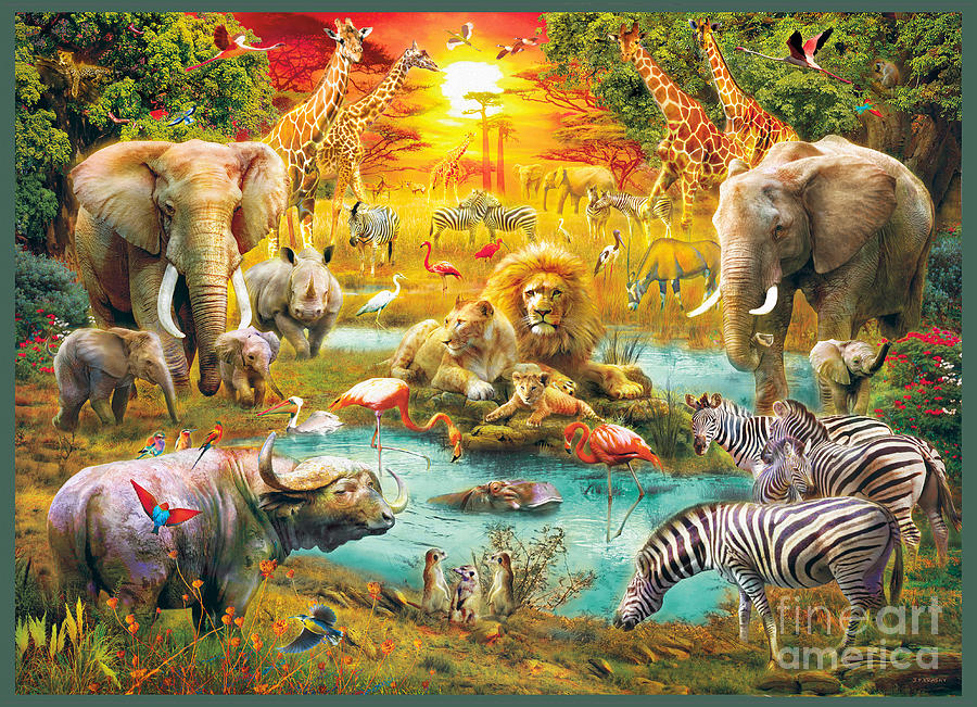 Lion Digital Art - African Animals Waterhole by MGL Meiklejohn Graphics Licensing
