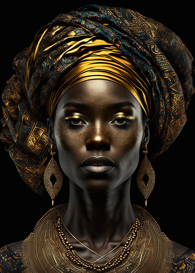 African Art Black and Gold Woman Digital Art by Bouchemma Hassen - Pixels