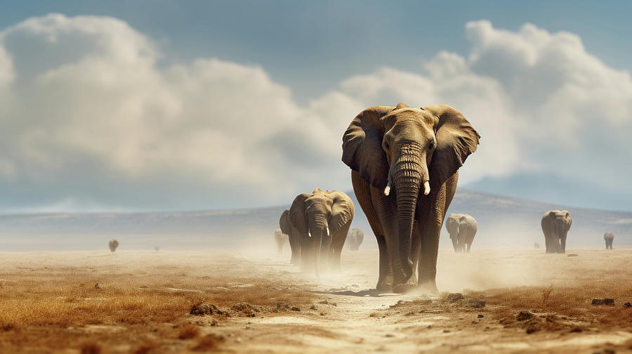 Wildlife Digital Art - African Elephant Herd Walking Forward in Amboseli by Good Focused