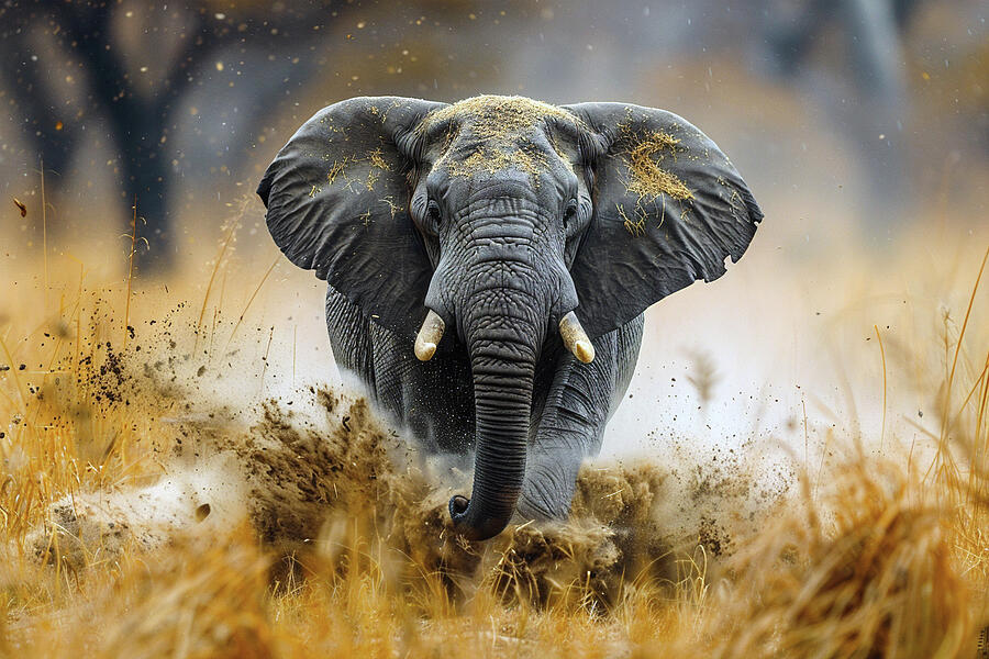 Nature Photograph - African elephant charging through the savannah with dust flying around, showcasing wildlife in motion. by David Mohn