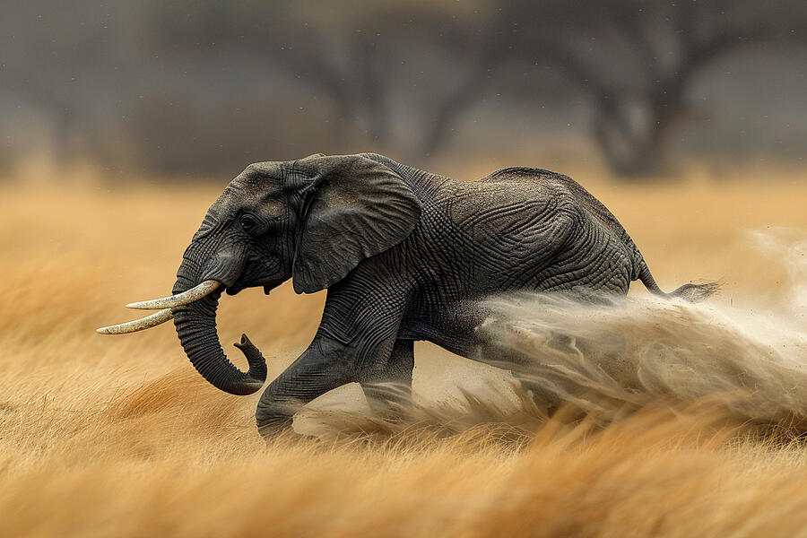 Nature Photograph - African elephant charging through the savannah with dust in the background. by David Mohn