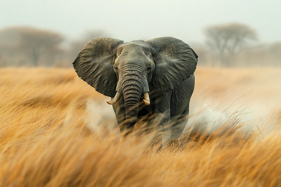 Nature Photograph - African elephant charging through the savannah with ears flared and blurred grass in the foreground. by David Mohn