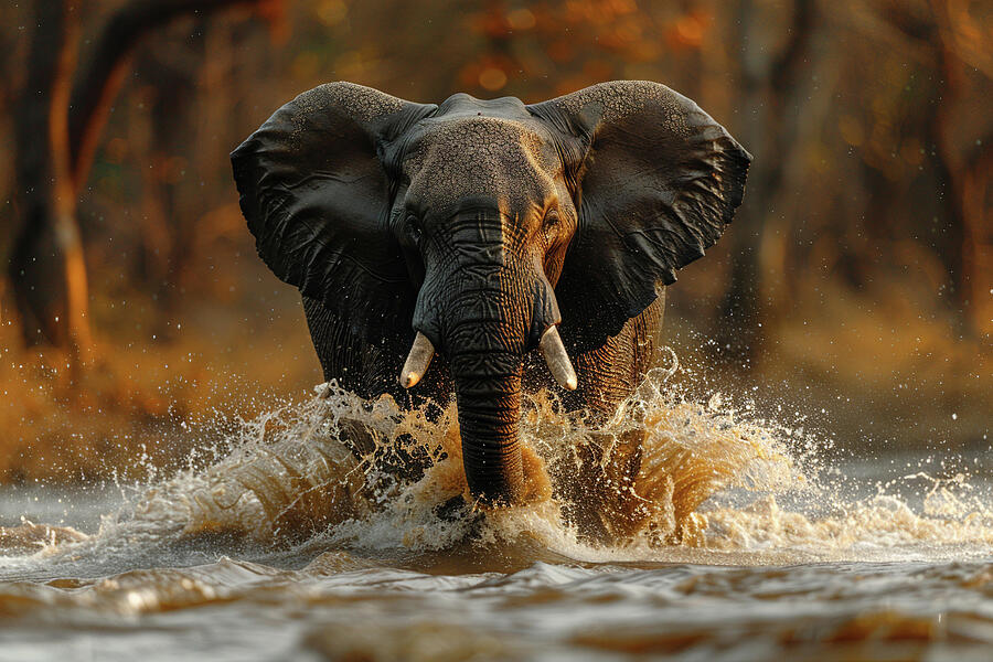 Wildlife Photograph - African elephant charging through water with splashes, in golden light. by David Mohn