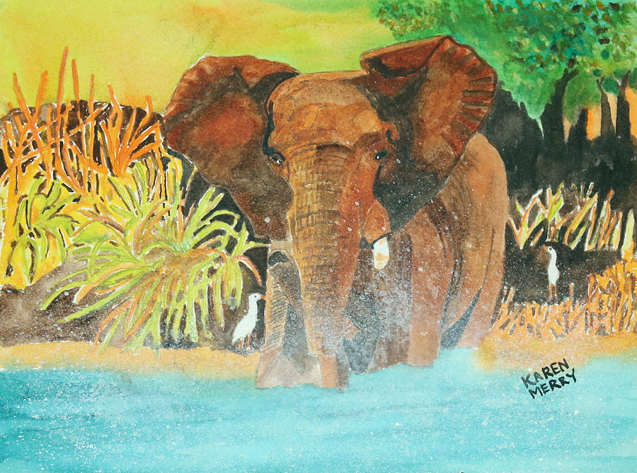 African Elephant in the Water Painting by Karen Merry
