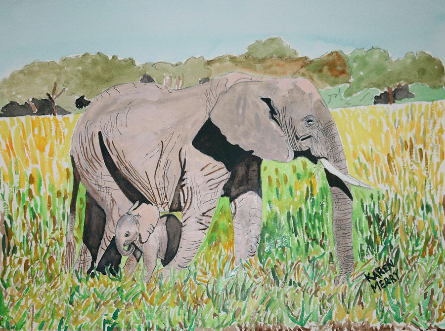 African Elephant Mom and Baby Painting by Karen Merry