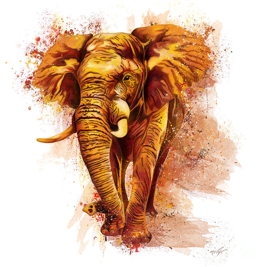 African elephant splatter painting, orange and yellow elephant Painting by Nadia CHEVREL