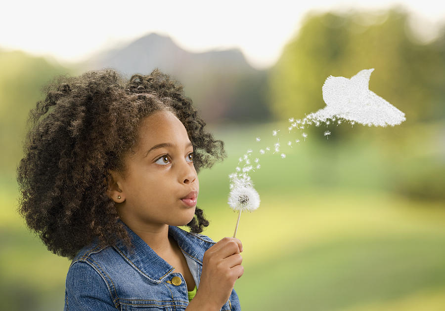 African girl blowing dandelion, seeds turning into bird Photograph by Jon Feingersh Photography Inc