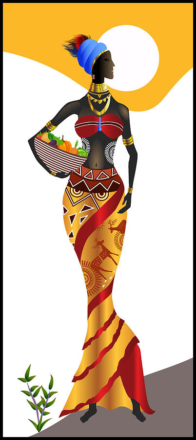 African Girl with vegetable fruit Basket and Sun Yellow Background ...