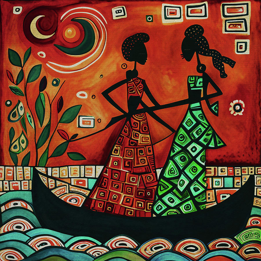 African girls go fishing in a small boat Painting by Jan Keteleer