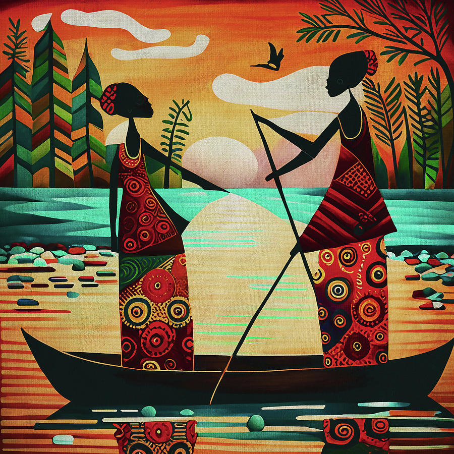 African ladies sailing in a boat Painting by Jan Keteleer