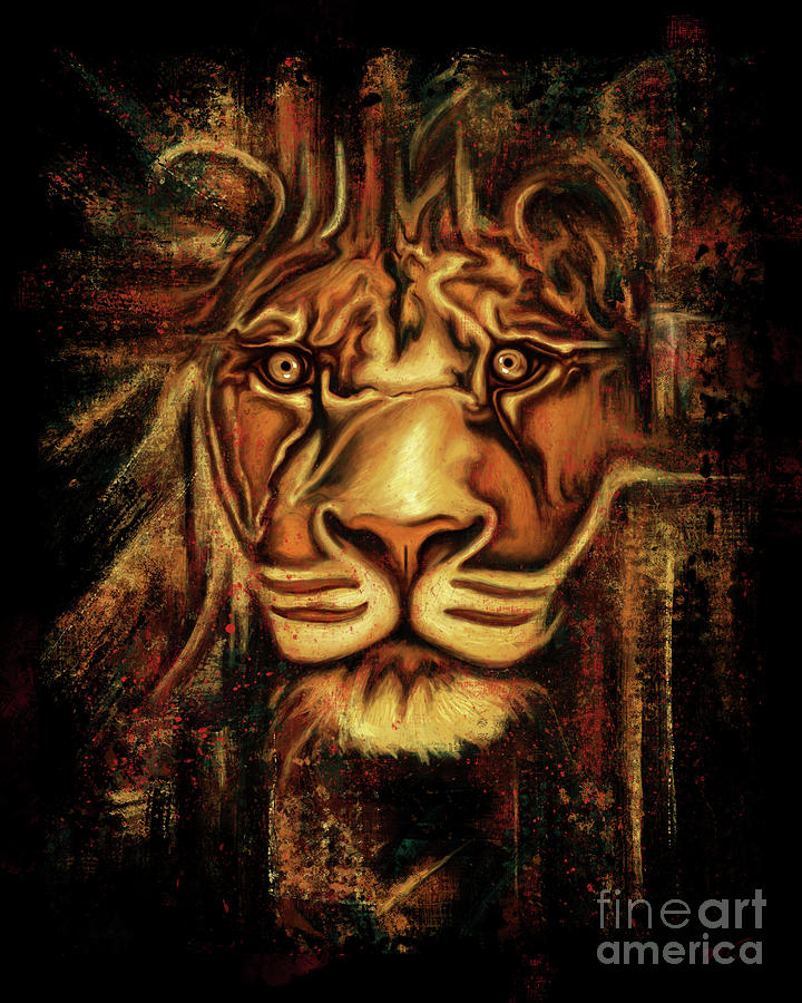 African lion portrait painting, male lion  Digital Art by Nadia CHEVREL