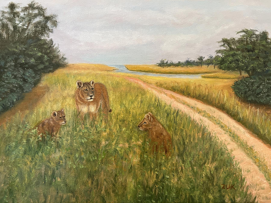 Lion Painting - African Lioness and Cubs by Karen Zuk Rosenblatt