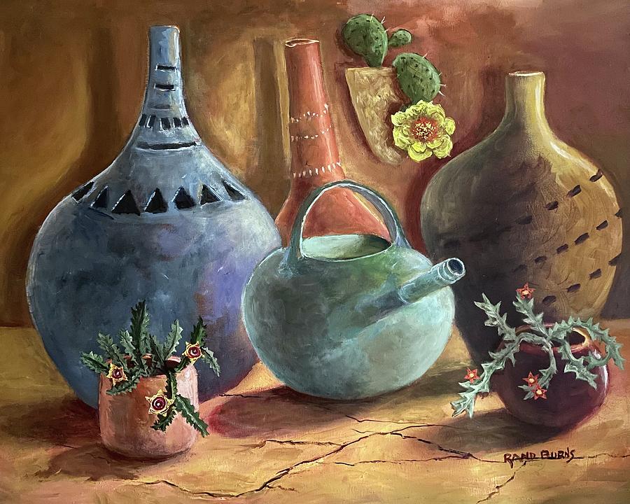 African Pottery, Cactus Flowers And Golden Light Painting by Rand Burns
