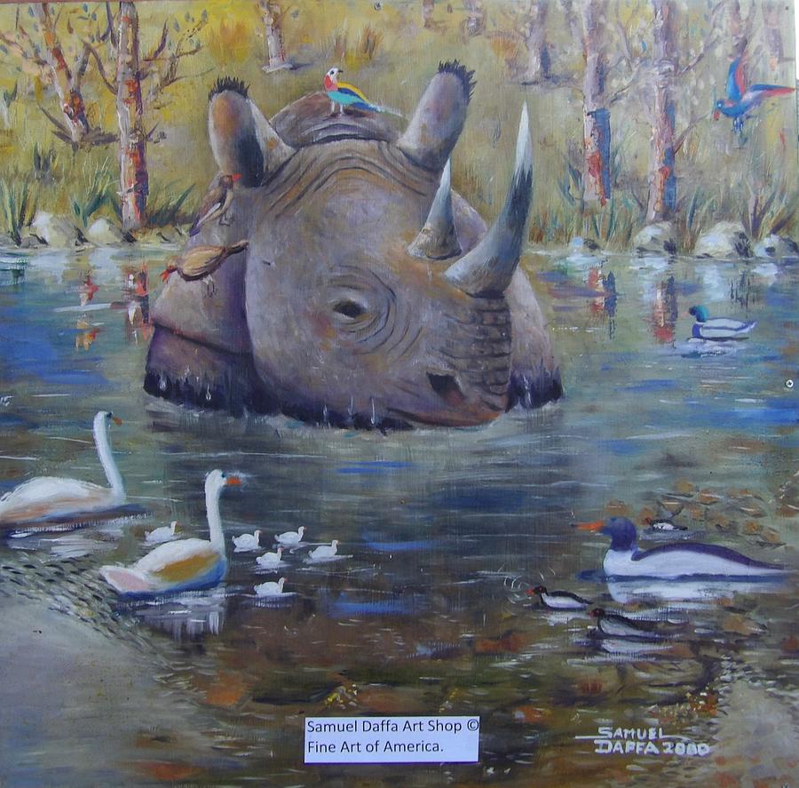 African Rhino and the birds Painting by Samuel Daffa