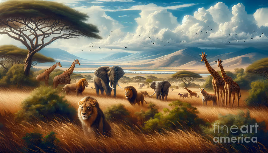 Wildlife Digital Art - African Safari Adventure, Wildlife like lions elephants and giraffes in the African savanna by Jeff Creation