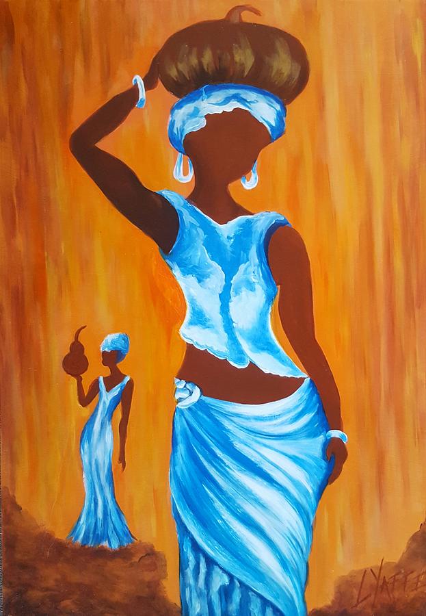 African Woman With Calabash On Head Painting By Loraine Yaffe