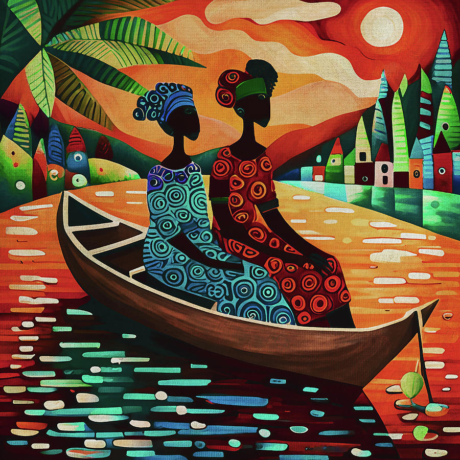 African women on the road in a boat Painting by Jan Keteleer