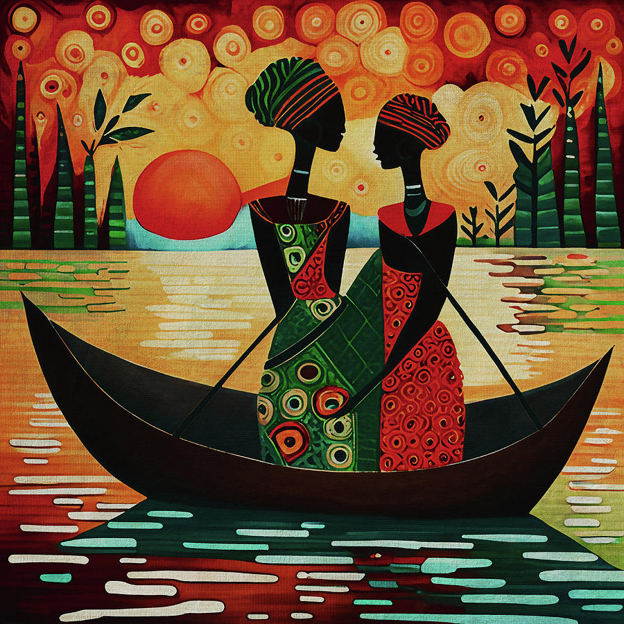 African women sailing in a small boat Painting by Jan Keteleer