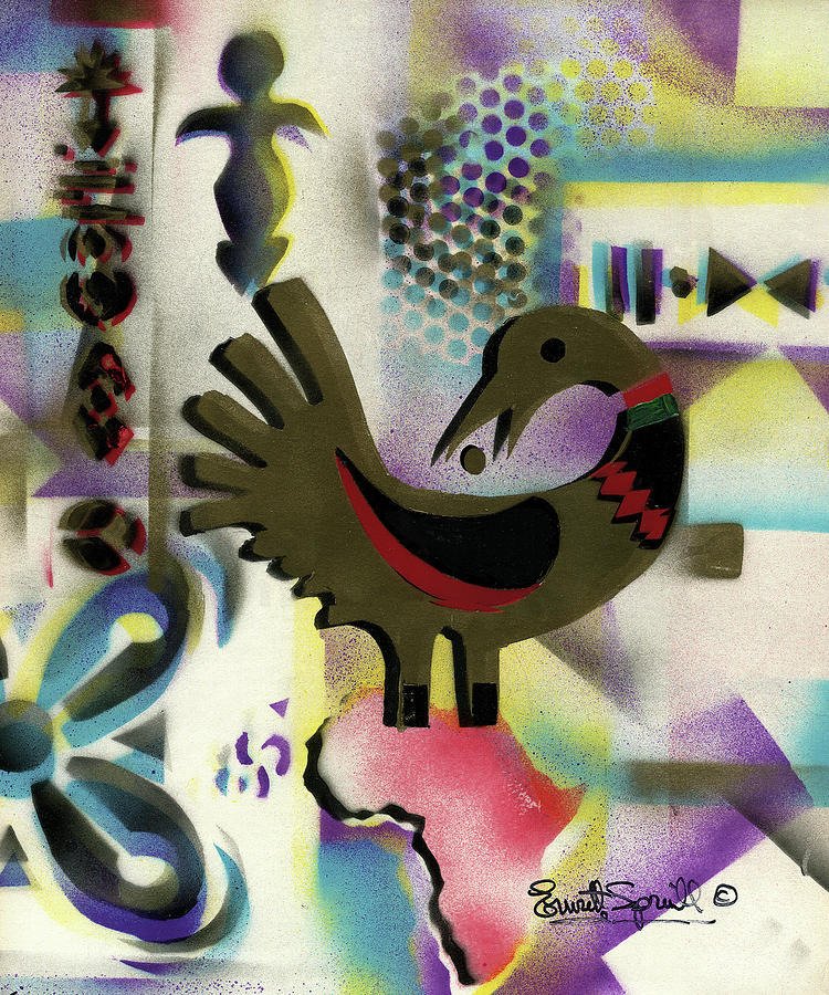 Afro - Aesthetic - K  - Sankofa Bird  and Adinkra symbol for Abundance Painting by Everett Spruill