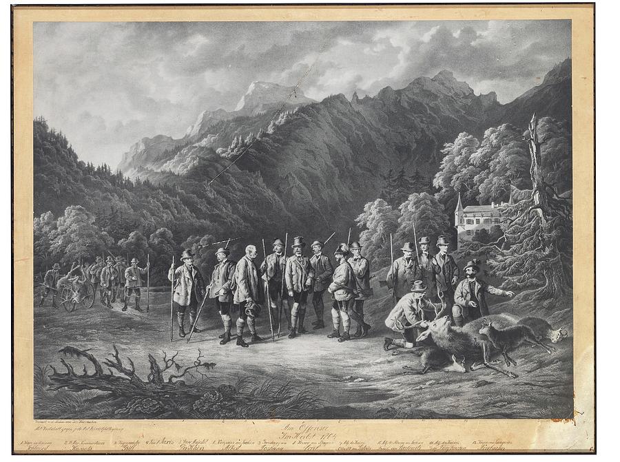 after Joseph Kriehuber  Emperor Francis Joseph I with a hunting party near Lake Offensee in the autu Painting by MotionAge Designs