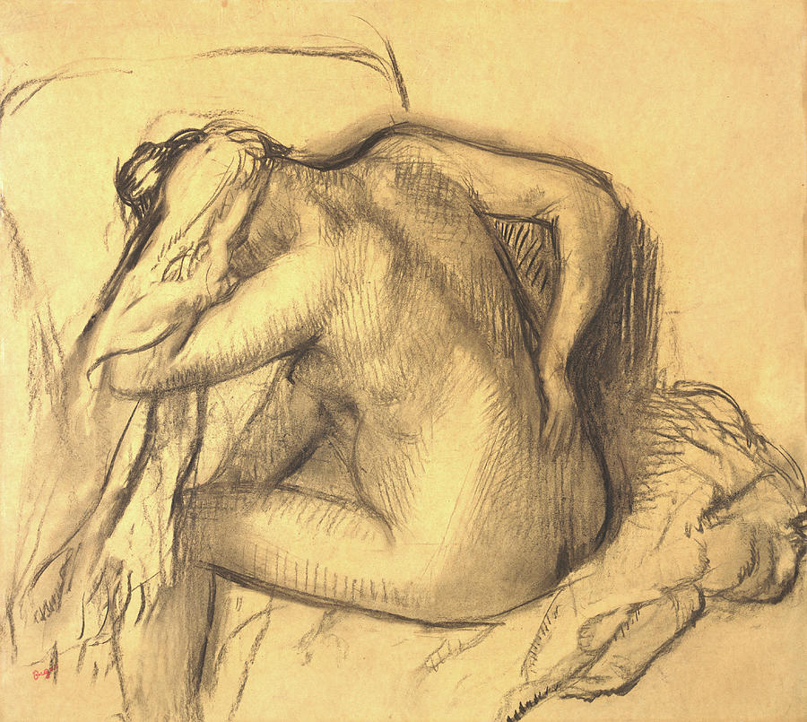 After the Bath Woman Drying Her Hair, circa 1895 Drawing by Edgar Degas