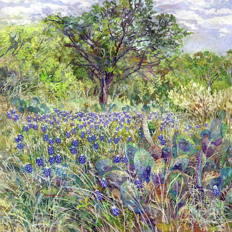 Afternoon Blues - Bluebonnets And Cactus Painting