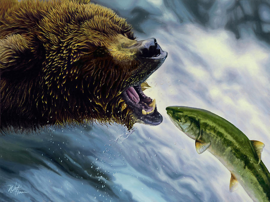 Salmon Painting - Afternoon Delight - Brown Bear hunting Salmon Oil Painting by Wade Flemmer