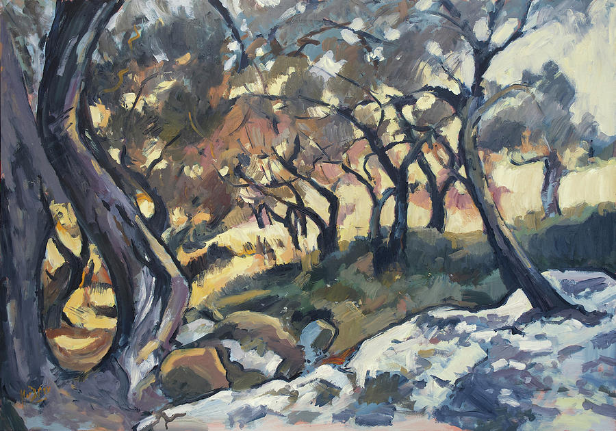 Afternoon sun in the olive grove Paxos Painting by Nop Briex