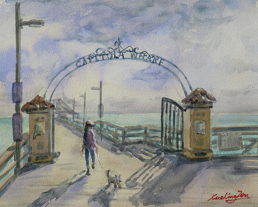 Afternoon Walk on Capitola Wharf Painting by Xueling Zou