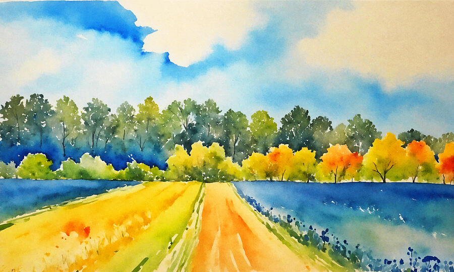Agricultural land at the edge of the forest - watercolor painting Digital Art by Nicko Prints Agricultural land at the edge of the forest - watercolor painting Digital Art by Nicko Prints