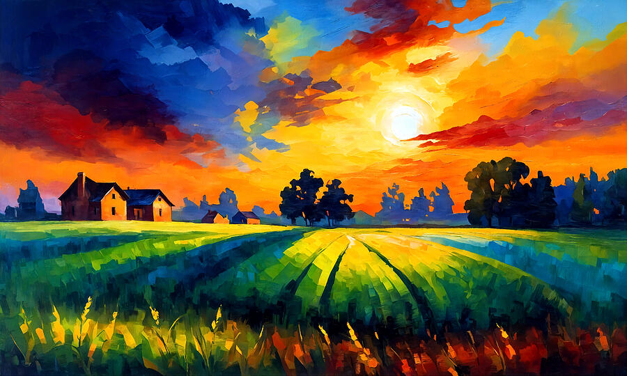 Agricultural land with houses and trees at sunset - colorful impressionist painting Digital Art by Nicko Prints Agricultural land with houses and trees at sunset - colorful impressionist painting Digital Art by Nicko Prints