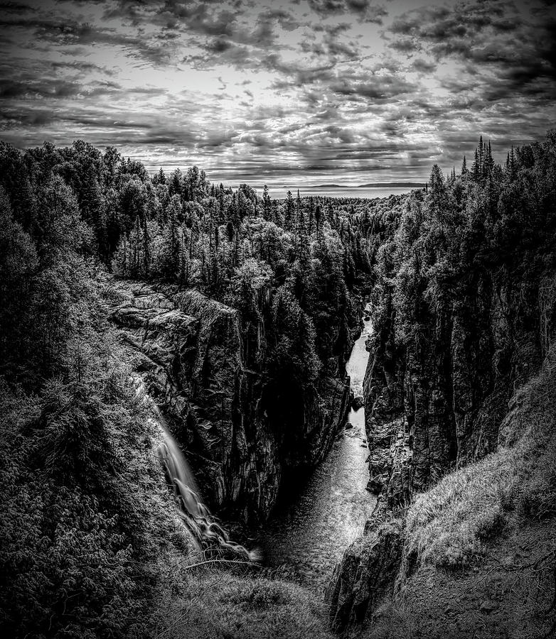 Black And White Photograph - Aguasabon Falls and Gorge, Ontario BW by John Twynam