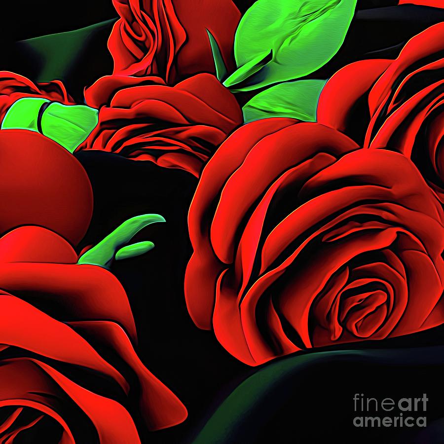 AI Art 3D Look Red Velvet Roses on Black Satin 1 Abstract Expressionism Effect Digital Art by Rose Santuci-Sofranko