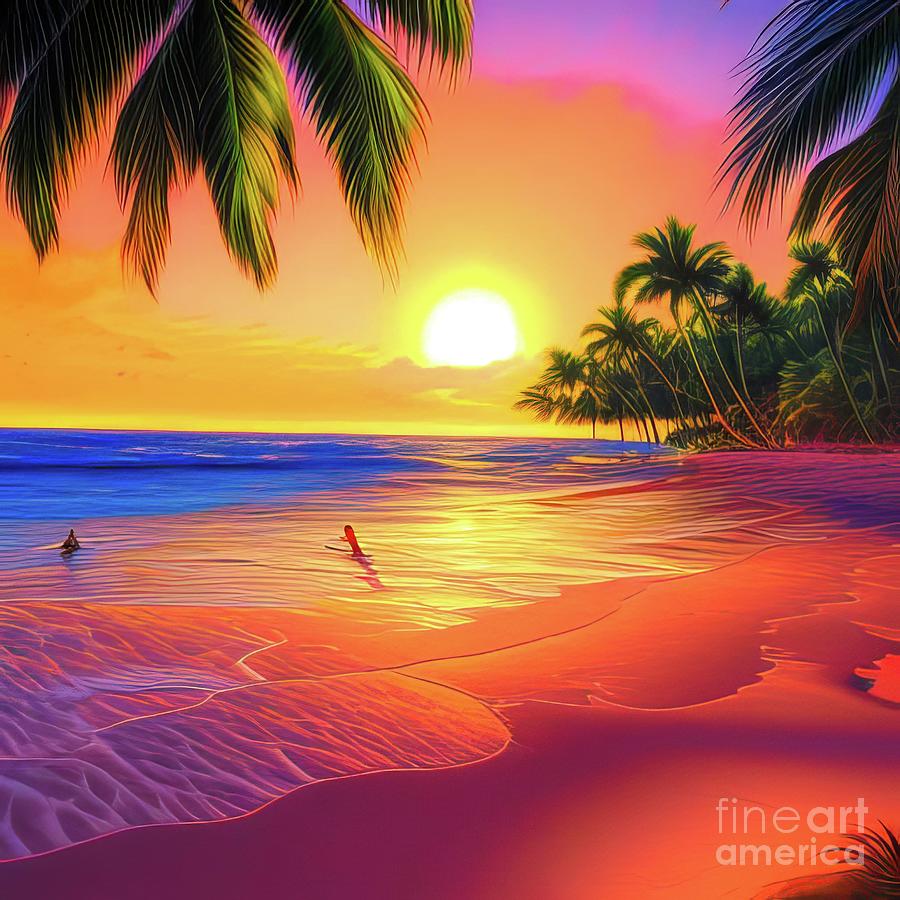 AI Art A Beautiful Tropical Beach at Sunset Digital Art by Rose Santuci-Sofranko