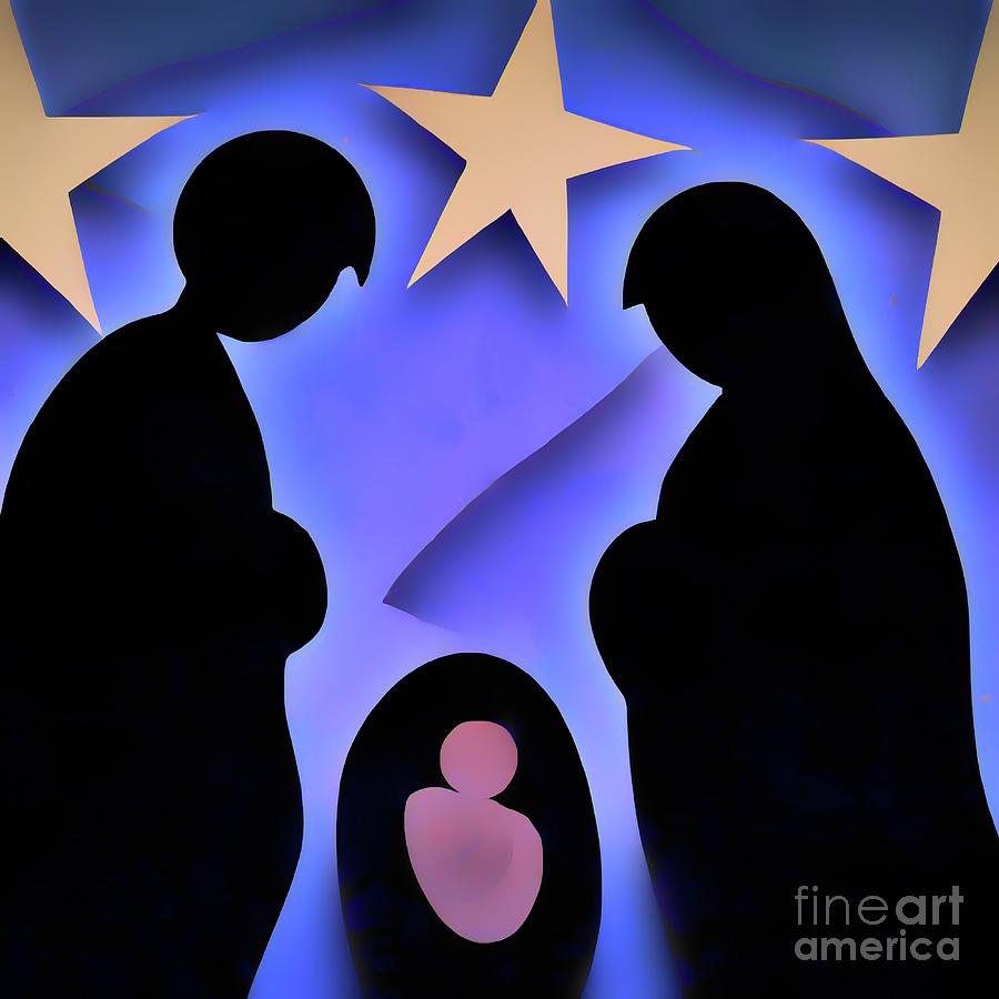 AI Art Baby Jesus, Mary and Joseph at Night with Star of Bethlehem Layered Paper Style 1 Digital Art by Rose Santuci-Sofranko