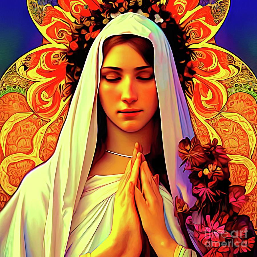 AI Art Beautiful Blessed Virgin Mary with Flowers in Psychedelic Colors Abstract Expressioinism Digital Art by Rose Santuci-Sofranko