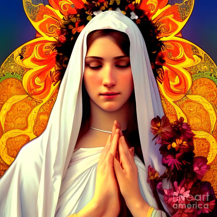 AI Art Beautiful Blessed Virgin Mary with Flowers in Psychedelic Colors ...