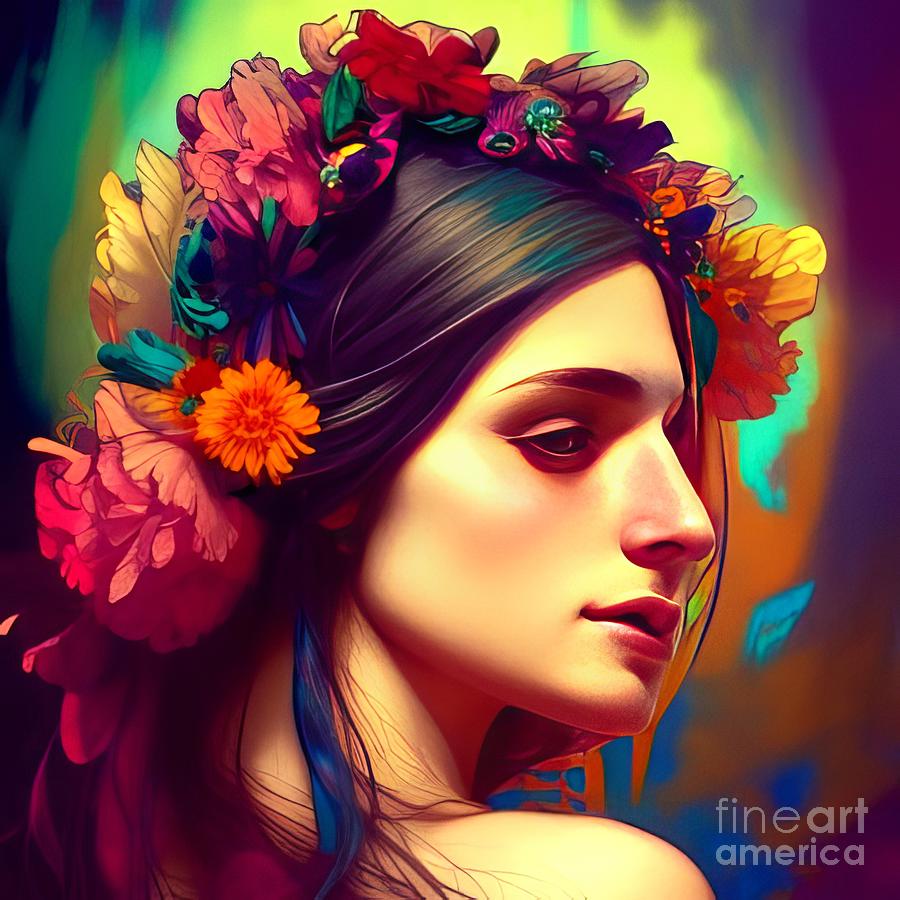 Nature Digital Art - AI Art Beautiful Jewish Woman and Flowers in Psychedelic Colors 1 by Rose Santuci-Sofranko
