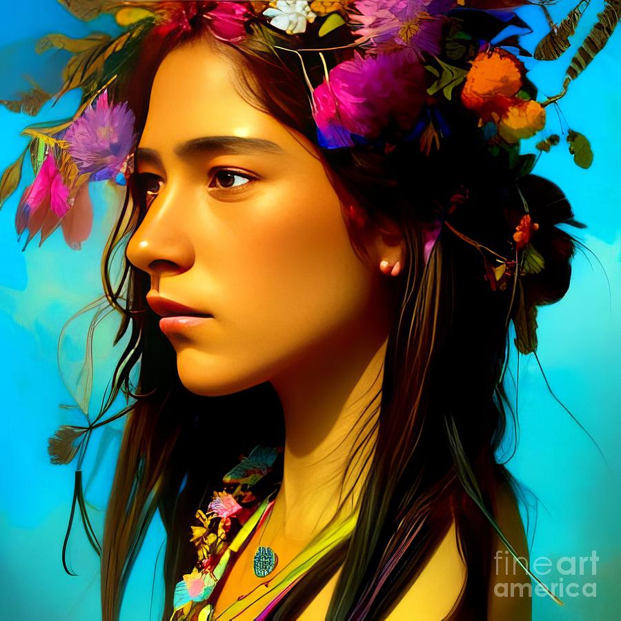 Flower Digital Art - AI Art Beautiful Native American Indian Woman with Flowers in Psychedelic Colors 1 by Rose Santuci-Sofranko