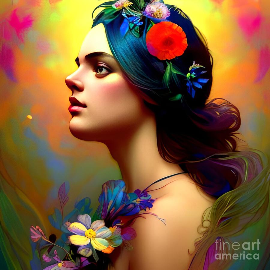 AI Art Beautiful Woman and Flowers in Psychedelic Colors 6 Digital Art ...