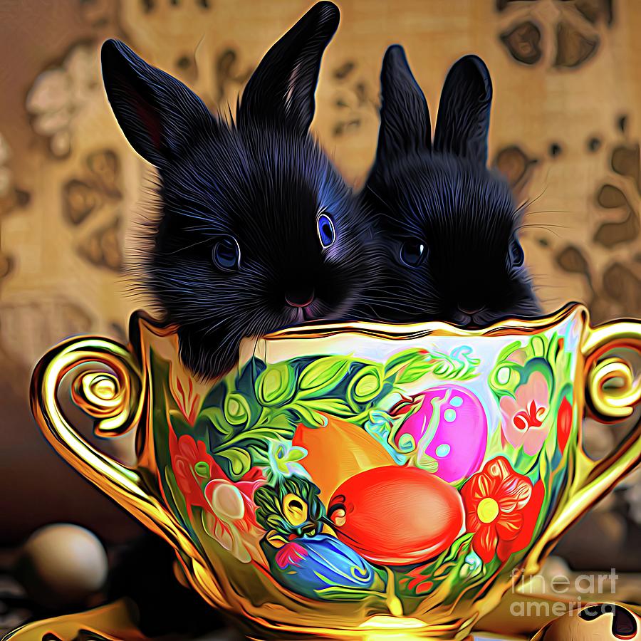 AI Art Black Baby Bunnies Peeking out of an Antique Teacup Abstract Expressionism Digital Art by Rose Santuci-Sofranko