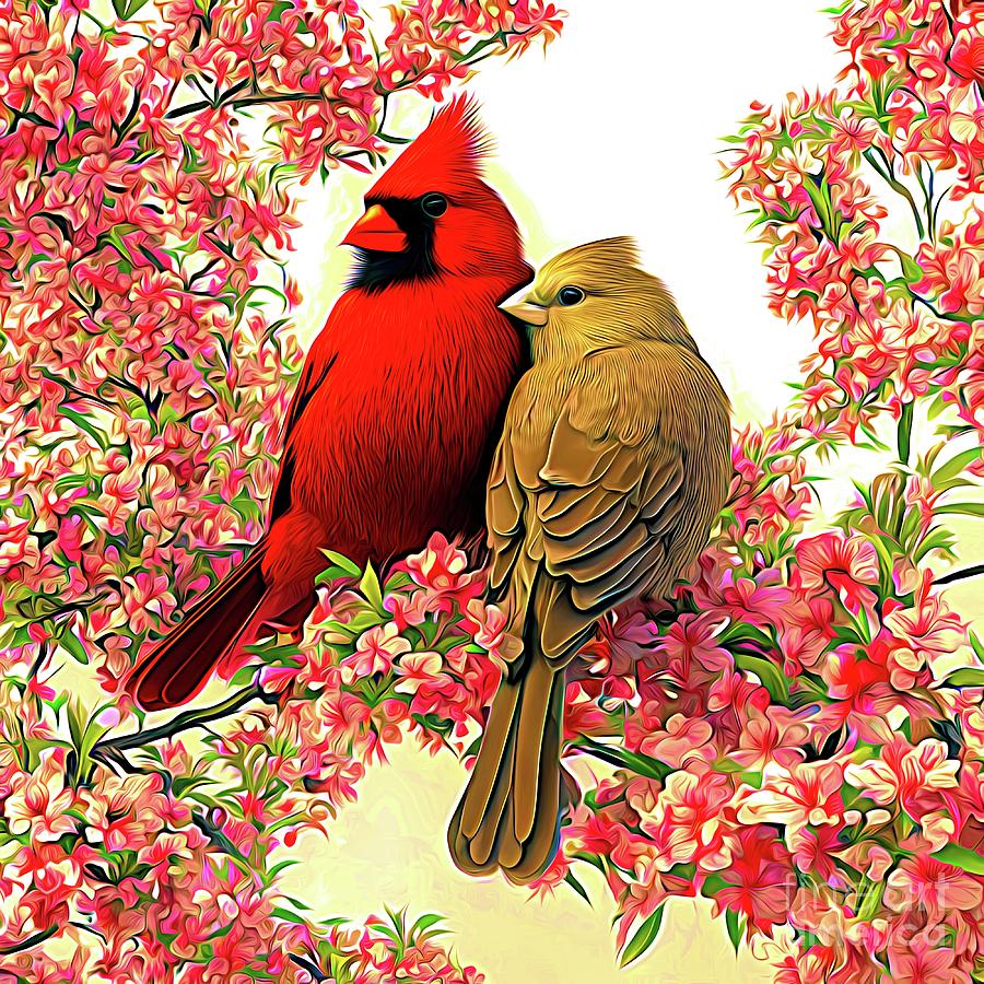 Bird Digital Art - AI Art Cardinal Couple Snuggling on a Blossoming Branch Abstract Expressionism Effect by Rose Santuci-Sofranko